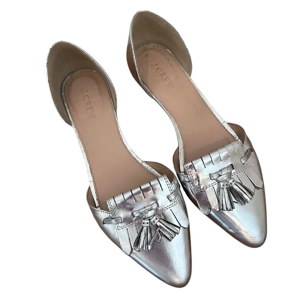 J Crew Silver Metallic D'Orsay Tassels Pointed Toe Flat Shoes